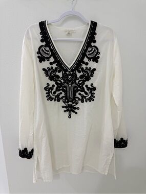 La Blanca White Tunic Coverup with Black Embroidery